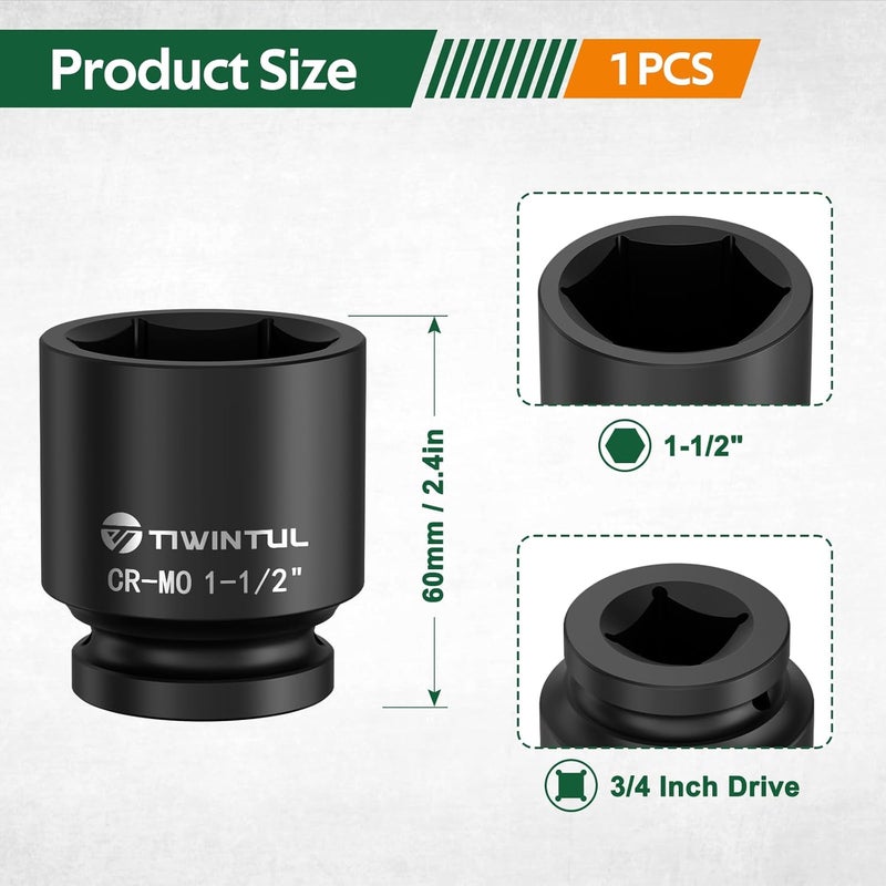 TIWINTUL مفتاح صدمة بحجم 3/4 بوصة 1-1/2"، تصميم 6 نقاط مضاد للتدوير، معالجة حرارية CR-MO، تشطيب فوسفات أسود، مفتاح صمولة محور لإصلاح السيارات، سهل الإزالة - Image 2